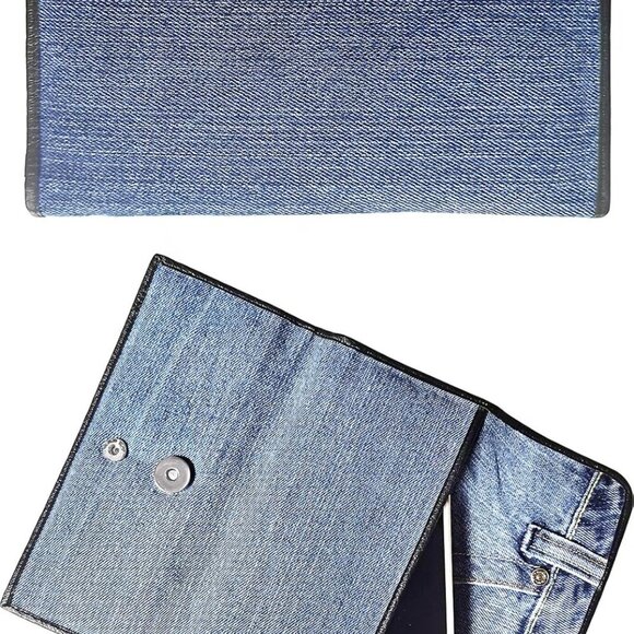 Upcycling Blue Denim Large Capacity Money Flap Roomy Long Wallet Purse for Women - Picture 3 of 7